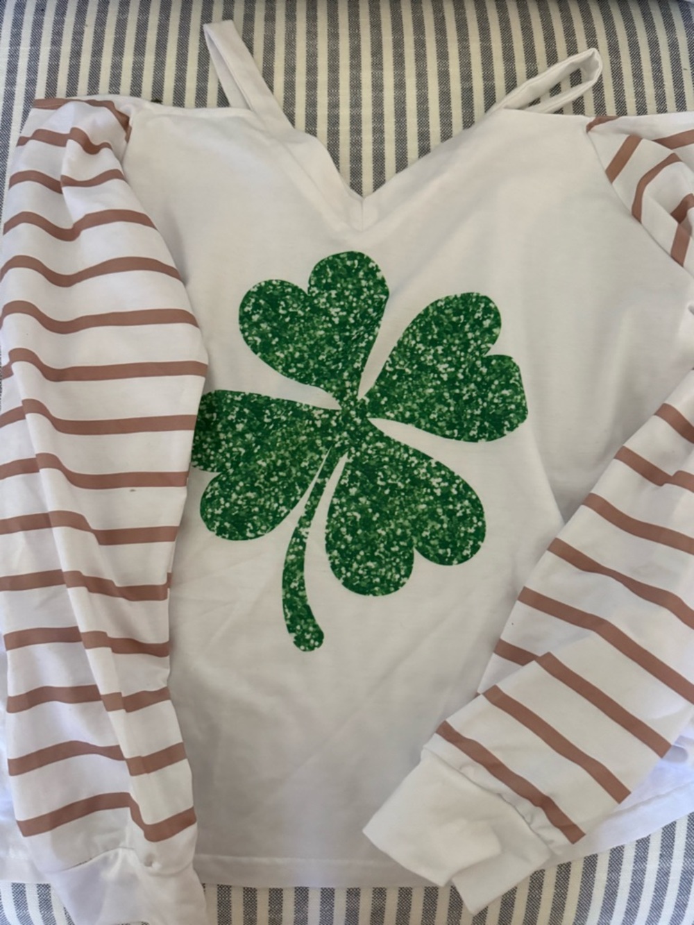 White Pullover with Green Glitter Four-Leaf Clover & Pink Stripe Sleeves